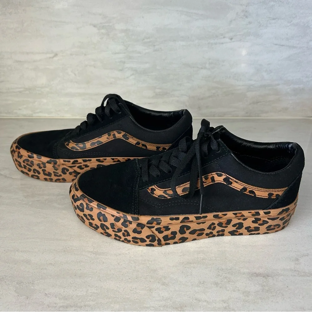 Vans Black and Leopard Print Platform Sneakers - Picture 1 of 8